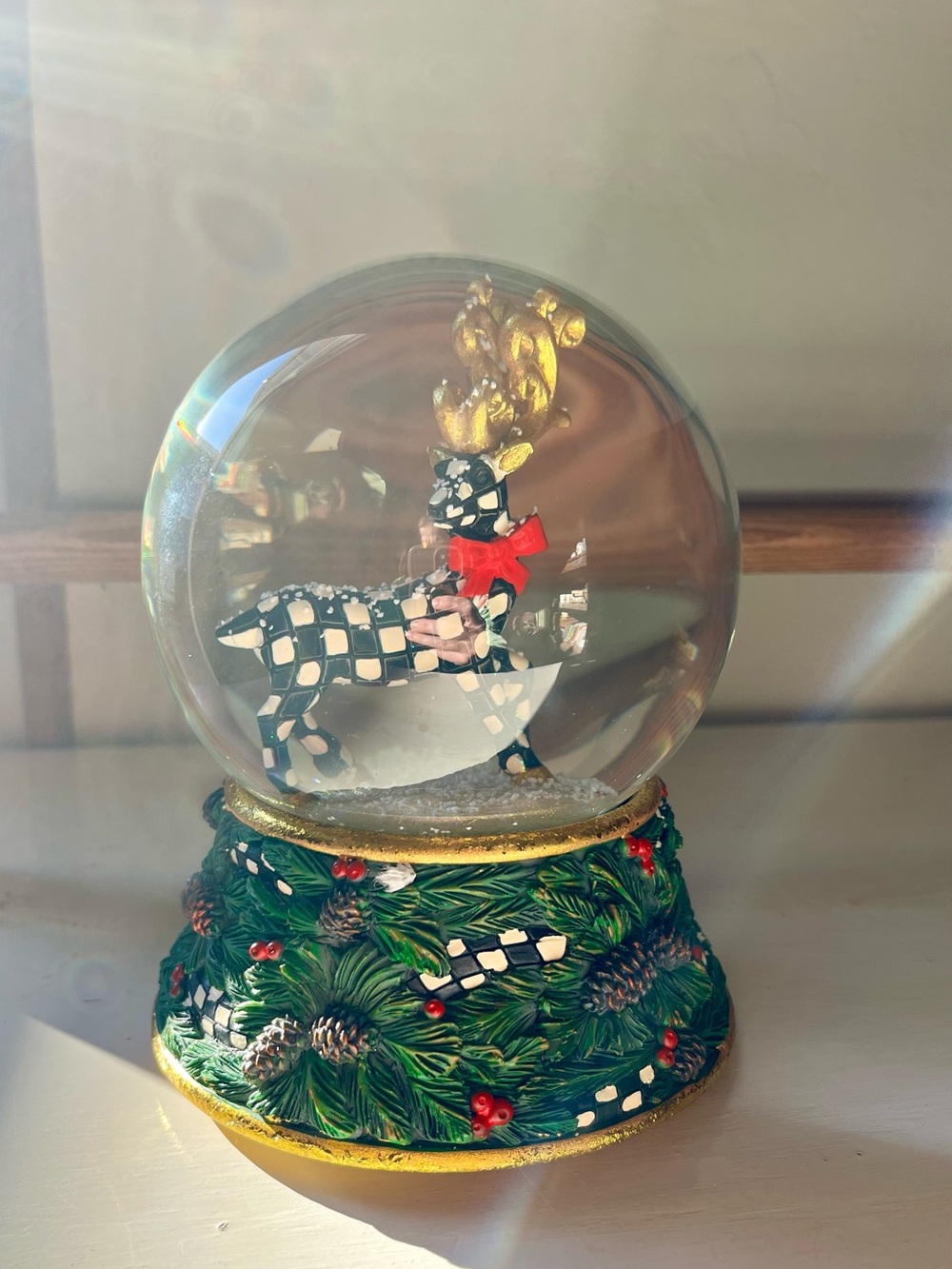 Mackenzie-Childs Black & White Courtly Check Reindeer Snow Globe w/Gold Antlers